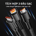 Cáp sạc nhanh 100W sạc 3 đầu nhiều thiết bị cùng lúc có tự ngắt