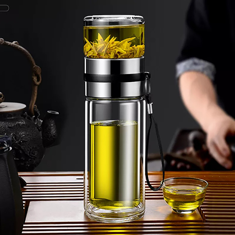 Bình thuỷ tinh giữ nhiệt 2 lớp 350ml có dây đeo tiện lợi