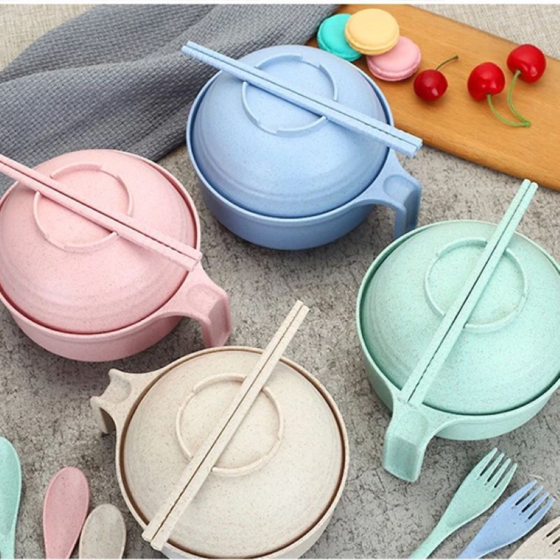 Bộ ca mỳ bằng lúa mach an toàn (Đầy đủ nắp, đũa, muỗng, nĩa)