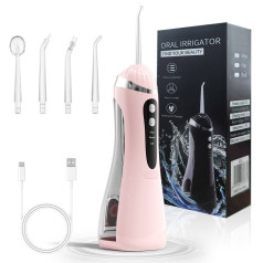 Máy tăm nước cầm tay 3 chế độ kèm 4 đầu vệ sinh và củ sạc, Màu hồng