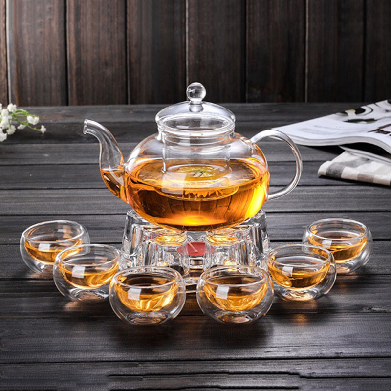 Bộ ấm chén đế nến pha trà hoa cúc thủy tinh chịu lực cao cấp